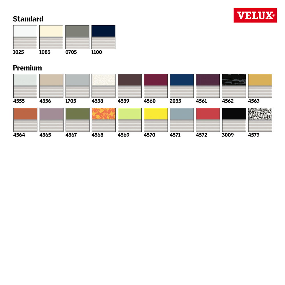 Velux Verdunkelungsrollo + Plissee Farbkarte